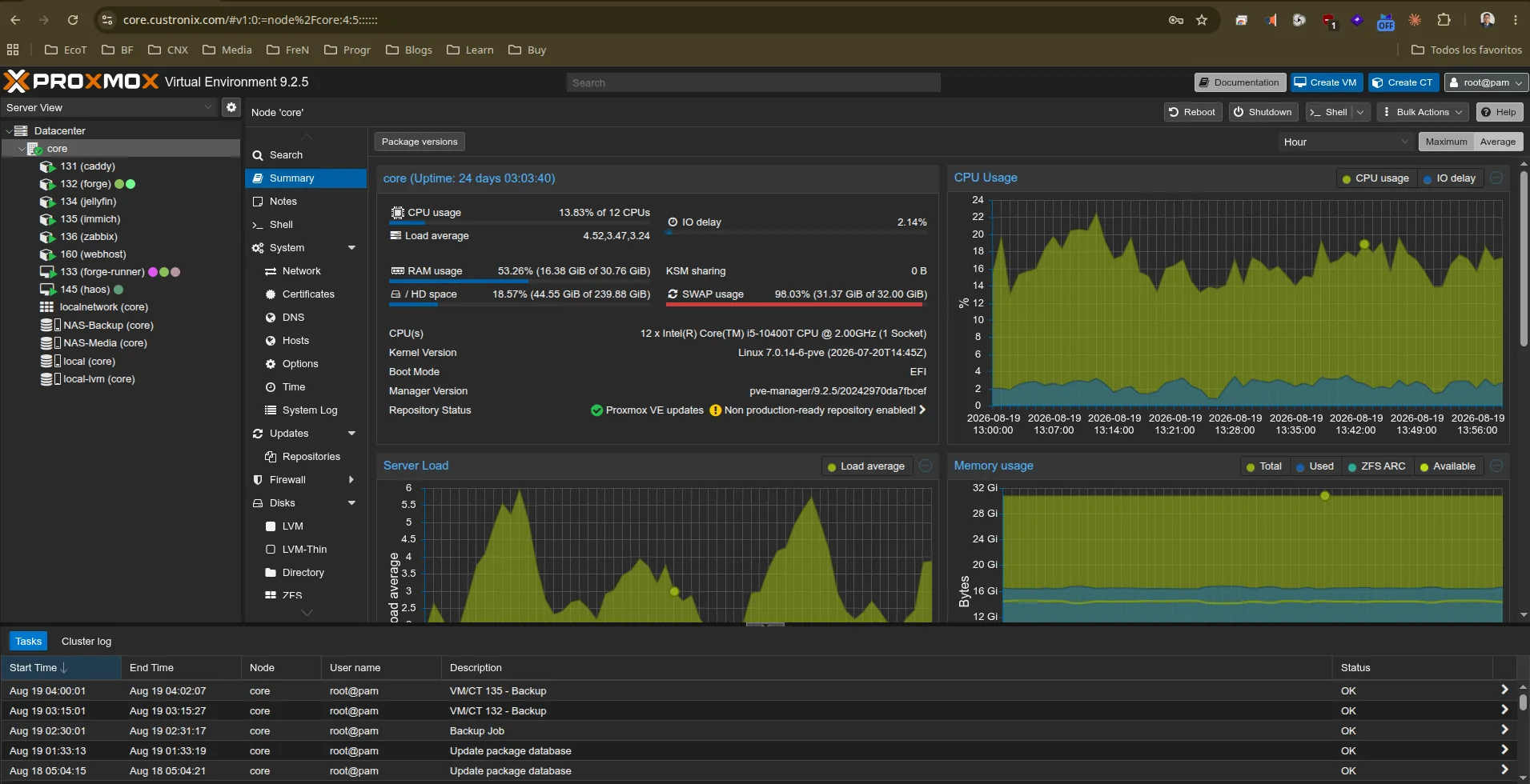 Captura del nodo Core en Proxmox