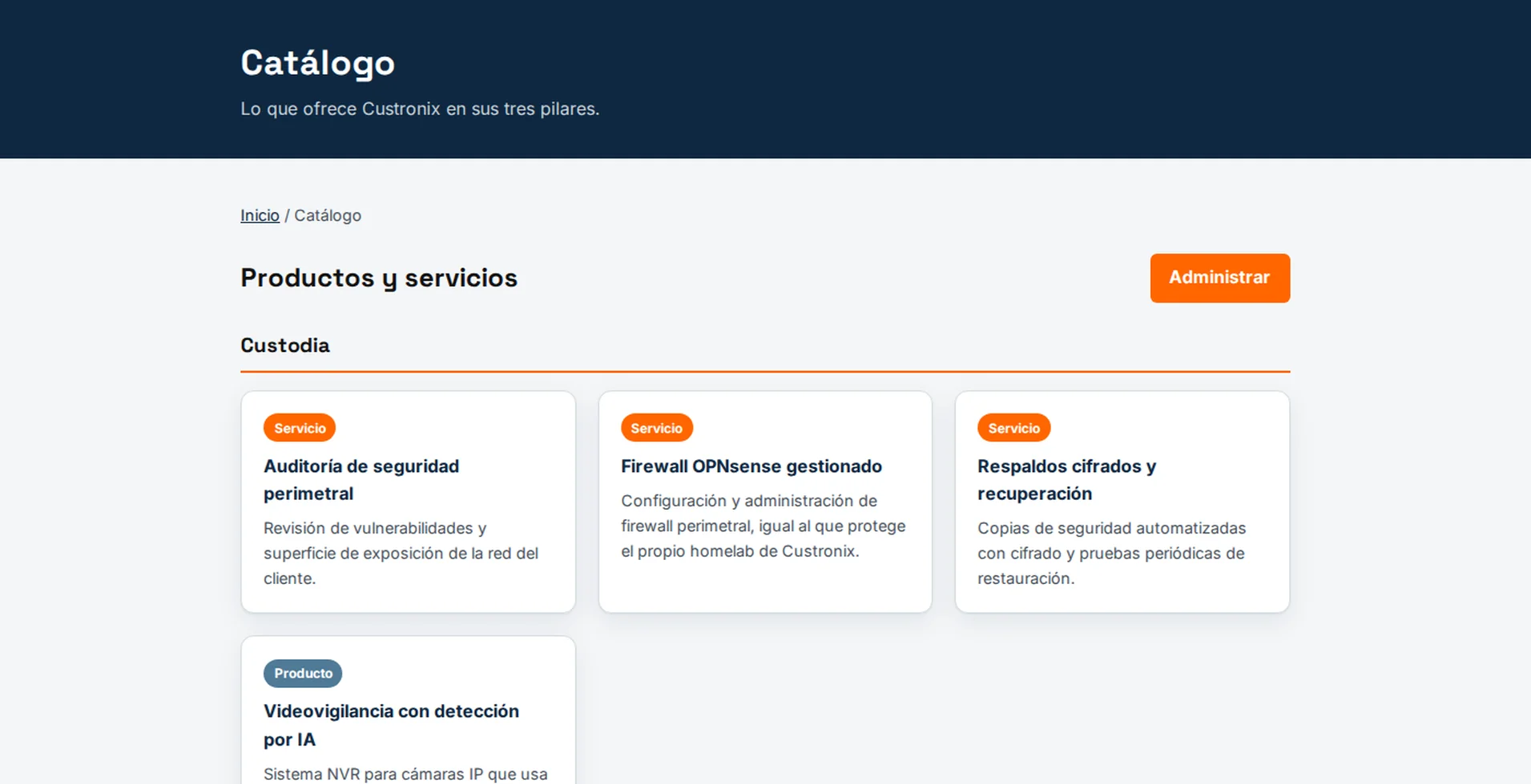 Captura del catálogo de Inventario Custronix