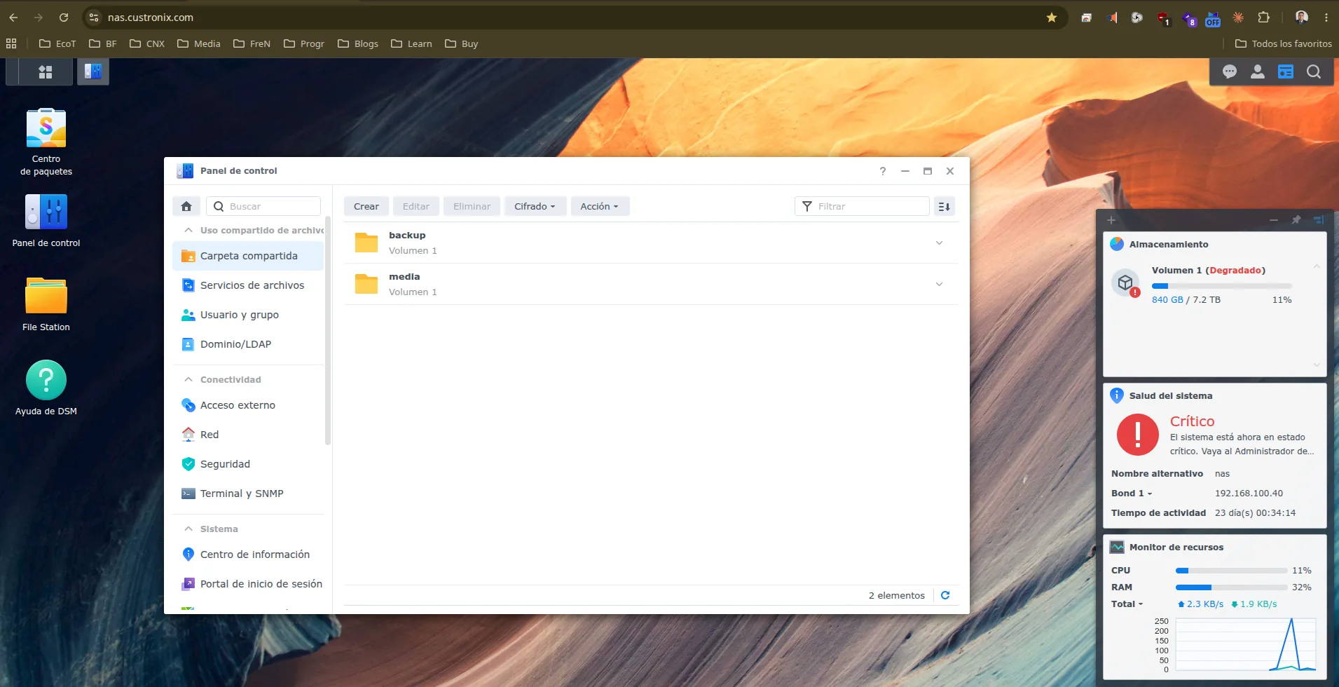 Captura del panel de administración de la NAS Synology